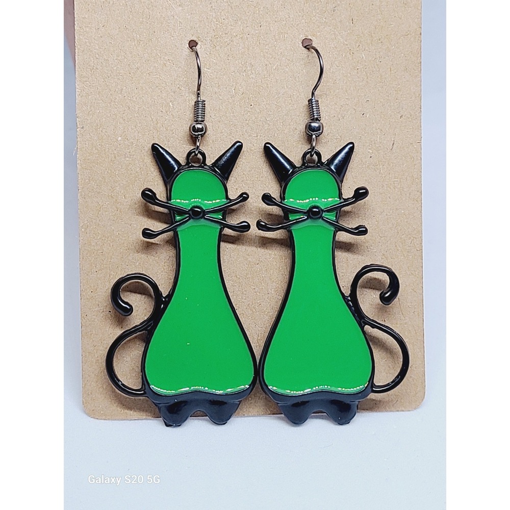 Green Enamel Black Cat Drop Earrings Whimsical‎ Mid Century Modern Style Feline